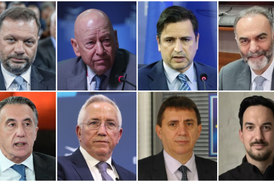 Επάνω από αριστερά: Πάνος Ξενοκώστας, Ναυπηγεία Ελευσίνας | Γιώργος Προκοπίου, Ναυπηγεία Σκαραμαγκά | Μιχάλης Στασινόπουλος, Βιοχάλκο | Δημήτρης Δάφνης, Aeroservices. Κάτω: Χριστιανός Χατζημηνάς, Ομιλος EFA, Skytalys | Μιχαήλ Τσαμάζ, Intracom Defense | Χρήστος Γιορδαμλής, Prisma Electronics | Αγγελος Τσερέκλας, Sotiria Technology